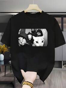 Camiseta de manga corta para hombre, moda novedosa para hombre, camiseta de manga corta para celebración de cumpleaños para hombre, camiseta moderna para hombre, camiseta con estampado retro de gato gangster divertido para hombre - diseño clásico de gato gangster, Donnie Cat y Tom Cat, camiseta de manga corta con cuello barco, adecuada para ropa casual de calle, cómoda para todas las estaciones, uso diario (negra) - traje divertido para fiesta de disfraces de animales, ropa casual, camiseta de regalo para padre, camisa gótica retro, + camiseta no convencional de cuello alto. - Negro - Ver 1