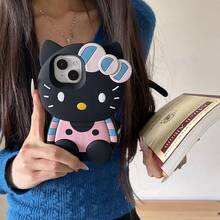 SANRIO 时尚创意坐姿Hello Kitty手机壳，粉色、黑色、白色三色可选，条纹蝴蝶结设计，亲肤材质，3D立体效果，硅胶防水防震，可爱时尚，兼容 17系列、11/12/12 Pro、13/14/15、13 Pro/14 Pro/15 Pro、12 Pro Max/13 Pro Max/14 Pro Max/15 Pro Max、16、16 Pro、16 Pro Max、17、17 Pro、17 Pro Max，母亲节、端午节、泼水节的绝佳礼物 - 黑色 - 查看 3