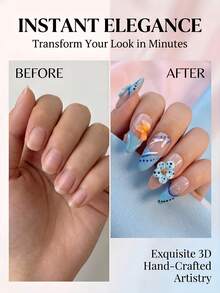 NAILS BASE 10件組 粉色杏仁形長款法式漸層漸變假指甲，附玫瑰紅花朵，杏仁形甲片，適合辦公場合的中性華麗風，日式手工製作 - 彩色 - 查看 5