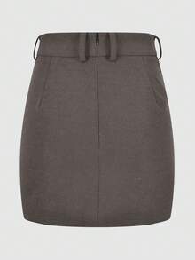 Solid Color Casual Zipper Closure Elegant Bodycon Mini Skirt, Versatile For Daily Office Wear - Dark Grey - View 4
