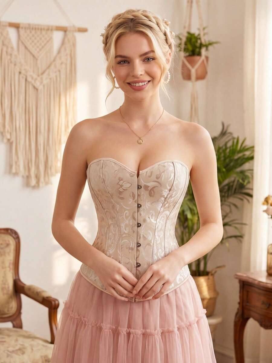 Corset Tops For WomenLace Up Corset Top, Floral Jacquard Lace Up Corset,Women's Shapewear Corset Bonning - 杏色 - 查看 1