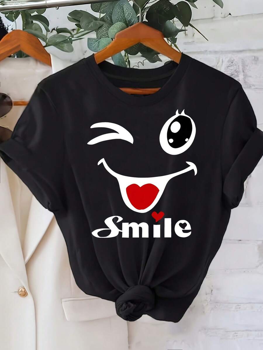 GiftGiftCamisetas GráficasCamiseta de Cuello Redondo con Estampado de Cara Sonriente Divertida, Camiseta de Manga Corta Casual y a la Moda, Microelástica, No Transparente, Material Fácil de Cuidar, Ideal para Atuendos Casuales, Ropa de Mujer100% algodónSuaveSuave - Negro - Ver 1
