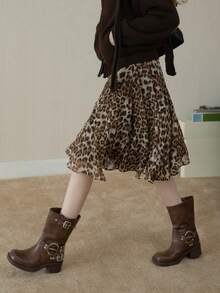 Rok A-Line Longgar Motif Leopard Terbaru, Rok Kasual dengan Hem Bergelombang untuk Wanita, Musim Semi & Gugur - Khaki - View 2