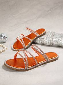 Minimalist Lightweight Round Toe Criss-Cross Strap Solid Color Glass Rhinestone Slip-On Sandals, Women Summer New Style Flat Sandals Suitable For Dresses, Fairy Style Two-Way Wear - Orange - View 8