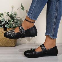 Teens' British Style Double Buckle Oxfords, Round Toe Flat Mary Jane Shoes, Retro School Uniform Shoes, All Season - Black - View 10