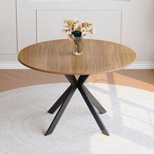 Modern Round Dining Table With Walnut Finish, Made Of MDF – Black X-Frame, Dining Table For Kitchen And Living Room, 110 Cm In Diameter. - Natural Color - View 8