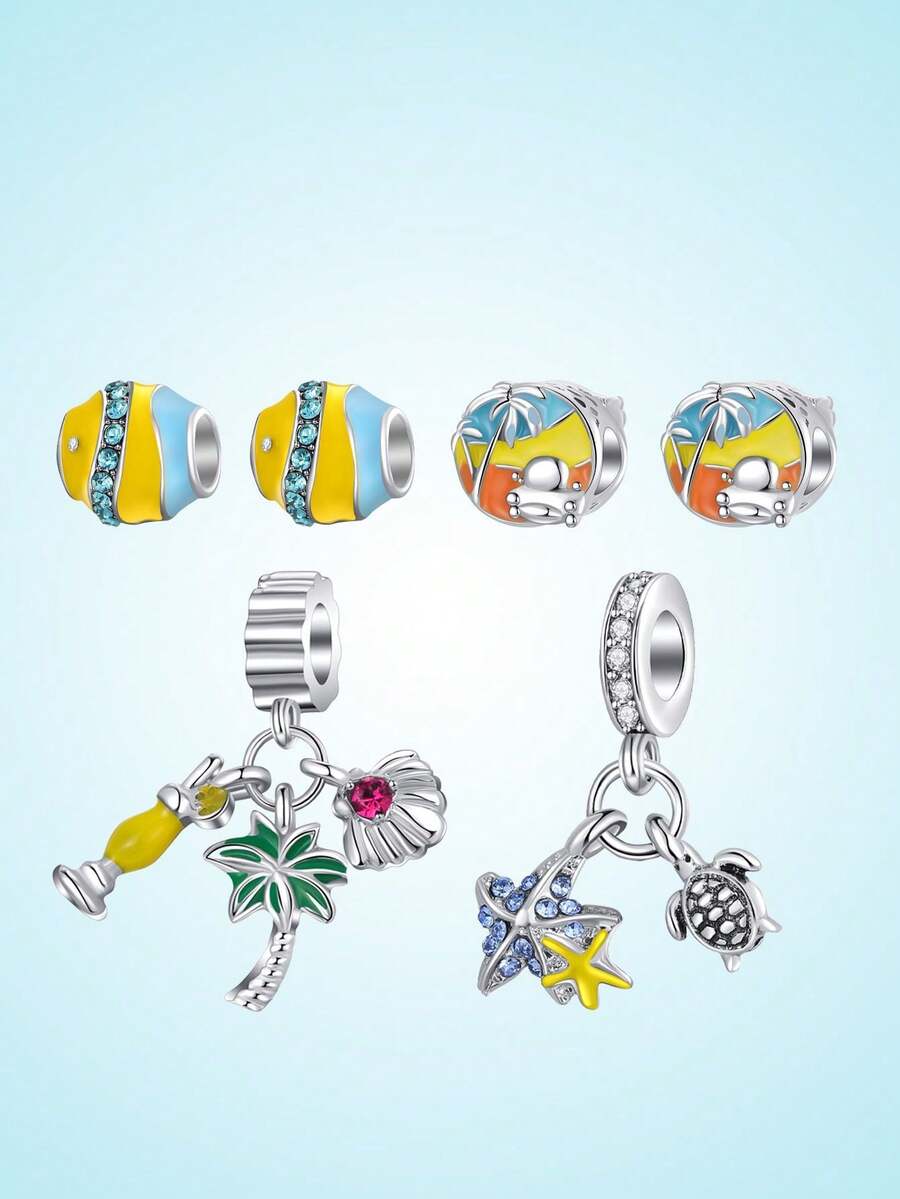 1 Set de kit de cuentas con temática oceánica, con metal brillante plateado y piedras de circonita turquesa, adecuado para cadenas de estilo pulsera, fresco y vivo, recreando perfectamente el ambiente de una playa de verano - Multicolor - Ver 1