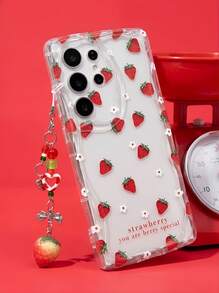 奶油色波浪边亮面草莓彩绘防摔手机壳，配手工串珠草莓吊坠，兼容 16/11/16 Pro/16 Plus/16 Pro Max/16 e/15 Pro Max/13/14/12/XS/XR/7G/8P，兼容Galaxy 11/12 Pro/12/12 X/13 Pro/14 Pro/15 Pro，兼容Redmi 10/9/Note9/12c/Note11 Pro/Note8 Pro，国际版，非国内版 - 彩色 - 查看 2