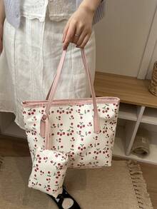 2026 Nuova moda Borsa a tracolla casual da donna con grande capacità, stampa a ciliegie e farfalle con fiocco - Rosa - Visualizzare 2