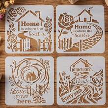 4 piezas de plantillas reutilizables con silueta de casa, aptas para manualidades DIY, decoración de pared de estilo granja, incluye plantillas de corona, patrones de guijarros y cita "El hogar es donde está el corazón", se pueden usar para scrapbooking, tarjetas de felicitación, pintura en tela - 4 piezas - Ver 1