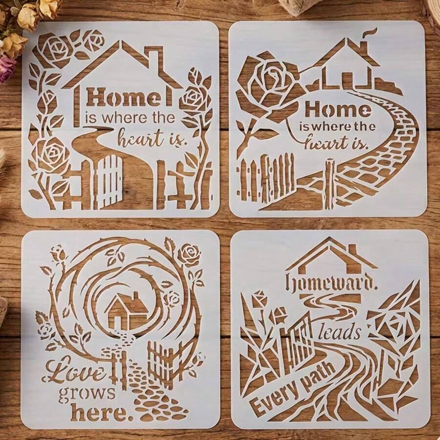 4 piezas de plantillas reutilizables con silueta de casa, aptas para manualidades DIY, decoración de pared de estilo granja, incluye plantillas de corona, patrones de guijarros y cita "El hogar es donde está el corazón", se pueden usar para scrapbooking, tarjetas de felicitación, pintura en tela - 4 piezas - Ver 1