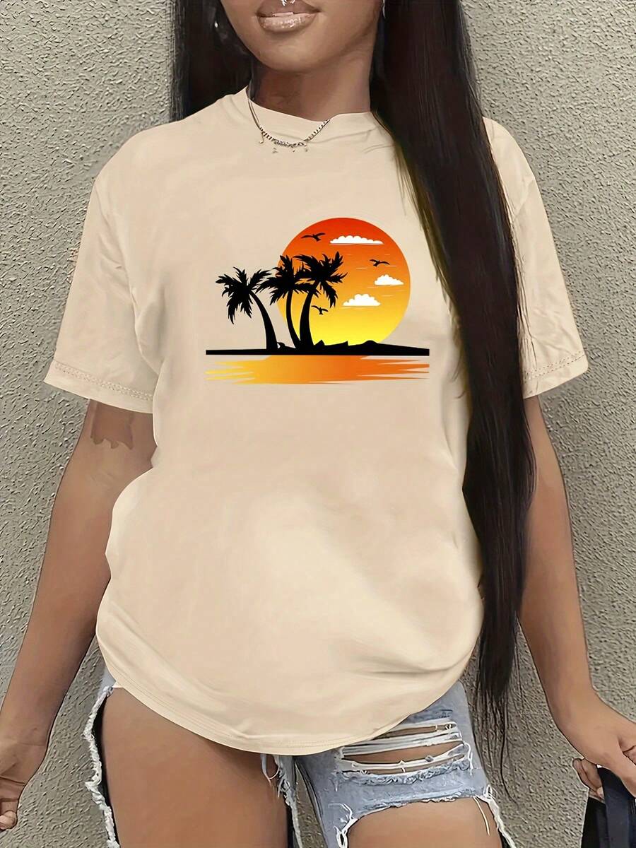 S274 Casual Short Sleeve T-Shirt With Custom Print - 米白色 - 查看 1