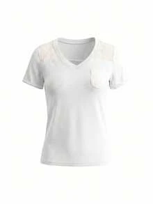 女士白色V领T恤，蕾丝口袋+肩部拼接，休闲短袖上衣 - 白色 - 查看 6