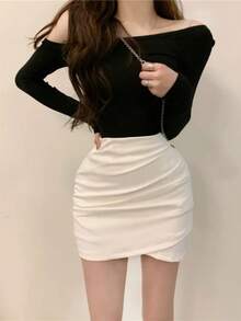 Minifalda plisada asimétrica negra para mujer, de cintura alta, ajustada, estilo línea A, moda primavera - BLANCO - Ver 4