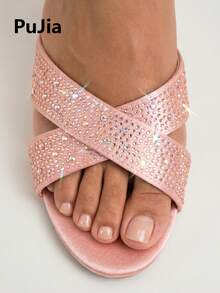 Giày sandal cao gót đính đá lấp lánh dành cho nữ, kiểu hở mũi, quai chéo, gót trung bình, chất liệu satin, thích hợp cho cô dâu, dự tiệc cưới, màu hồng mùa hè. - Hồng - Xem 1