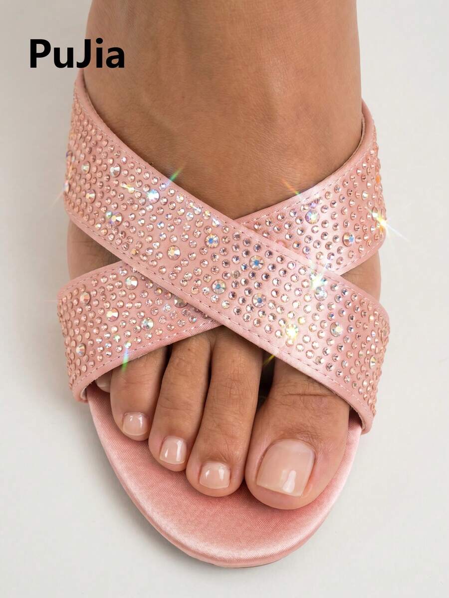 Giày sandal cao gót đính đá lấp lánh dành cho nữ, kiểu hở mũi, quai chéo, gót trung bình, chất liệu satin, thích hợp cho cô dâu, dự tiệc cưới, màu hồng mùa hè. - Hồng - Xem 1