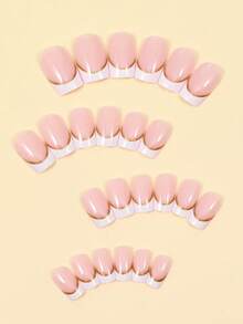 24pcs White French Short Fake Nails With Gold Line Design, Square Acrylic False Nails, Suitable For Women's Daily Wear - Multicolor - View 5