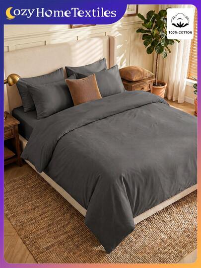 2/3pcs Solid Color Duvet Cover Set, 100% Cotton Bedding Set, Soft & Breathable, Skin-Friendly, Anti-Pilling, Fashion Home Textile, Bedroom Decor, Dark Gray Duvet Cover Set, Includes Duvet Cover & Pillow Case(S), Excludes Comforter, Suitable For All Seasons, Machine Washable