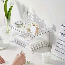 Transparent Tiered Storage Rack, Organizes Desk Items Like Stationery, Books, Cosmetics, Fully Utilizes Vertical Space For A Tidy Desk. Suitable For Study, Vanity, Office Desk Etc. The See-Through Design Creates A Fresh And Visually Appealing Effect. - White - View 3