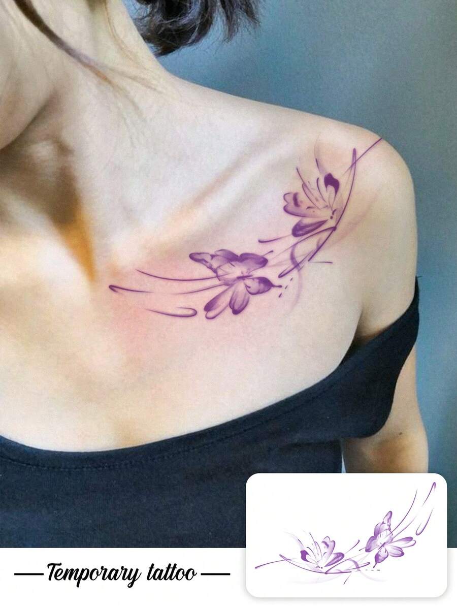1 Tattoo Sticker, Ethereal Watercolor Dyed Purple Butterfly, Temporary Tattoo Sticker, Washable, PVC, Disposable, Waterproof And Sweatproof For Arms, Waist, Abdomen, Back, Legs, Non-Reflective, Realistic Tattoo, Suitable For People, Daily Use, Lasts 3-5 Days - Purple - View 1