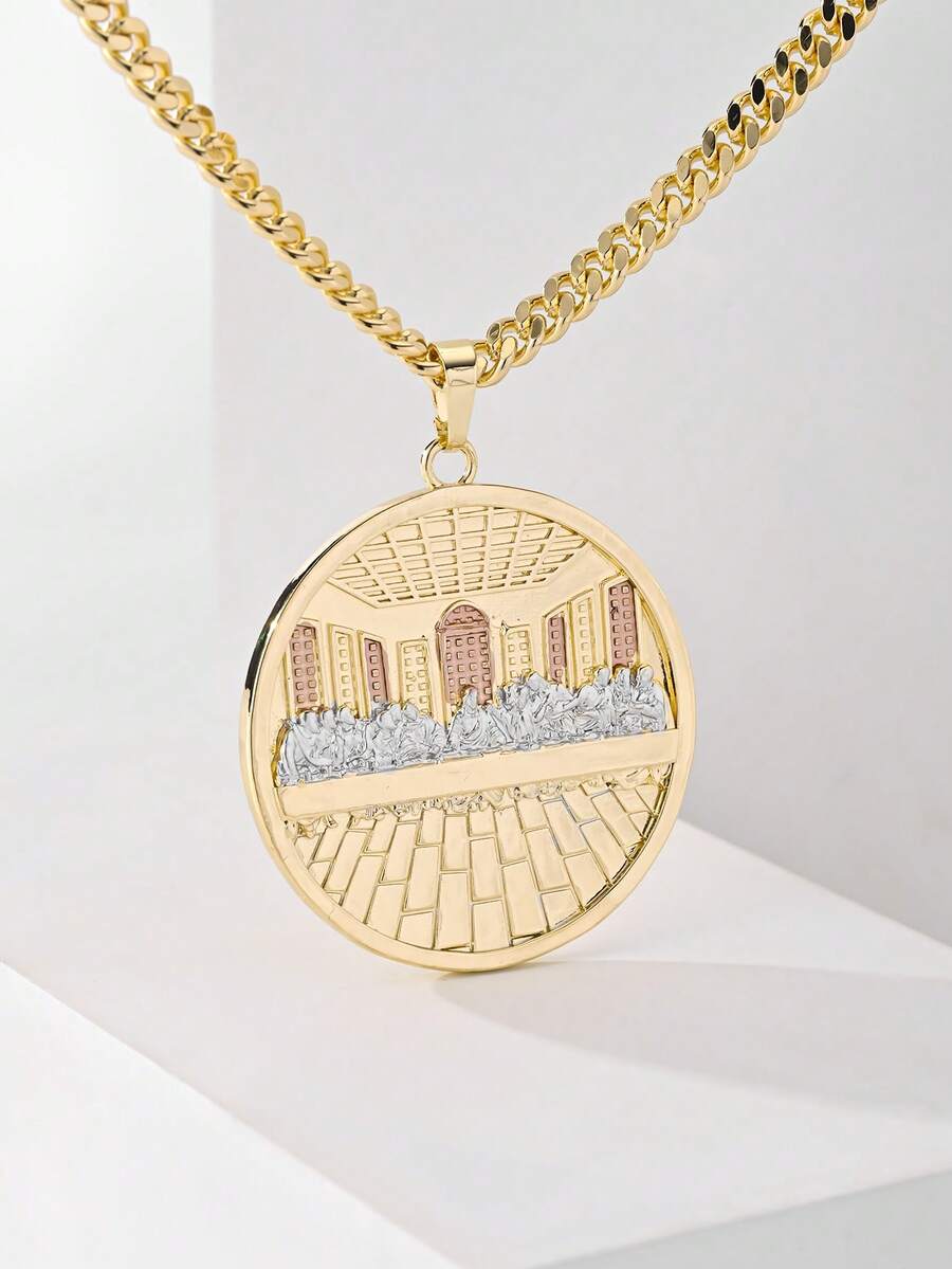 14K Gold Plated Copper Last Supper Vintage Religious Style Women's Necklace, 60cm Classic Cuban Chain, Exquisite Delicate Non-Exaggerated Personalized Pattern, Perfect As Communion Souvenir And Baptism Gift, Suitable For Daily Wear And Religious Ceremonies, Gentle And Elegant - Yellow Gold - View 1