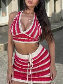 女士夏季两件套沙滩度假红白条纹吊带针织套装，露背深V露脐上衣搭配迷你裙，修身无袖半身裙套装 - 紅色 - 查看 2