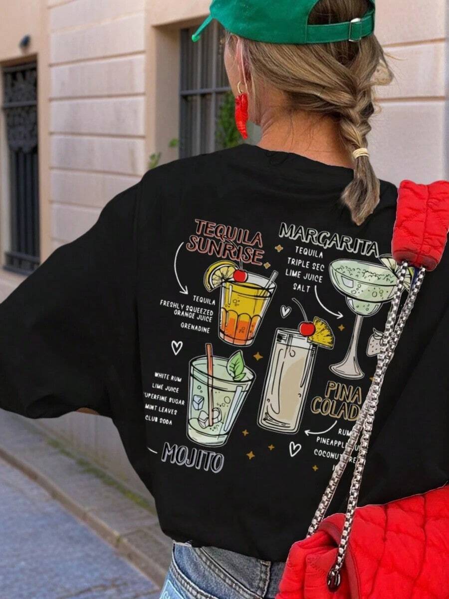 Camiseta de manga corta con cuello redondo y eslogan gráfico para fiesta de cóctel de verano para mujer, estilo casual y versátil para vacaciones, moda de verano para uso diario y vacaciones, color-Vintage Street Style Unisex Loose Cotton Short Sleeve Crew Neck T-Shirt - Negro - Ver 1