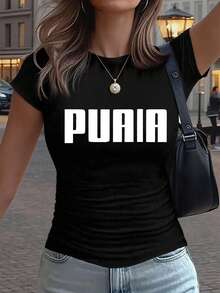 Talla unisex. Camiseta de algodón de talla grande para mujer, ideal para el verano. Estampado artístico con letras - estilo Y2K - Camiseta deportiva casual de talla pequeña, ajustada, de color sólido, con pliegues en la cintura y cuello redondo de manga corta, adecuada para las cuatro estaciones. El material absorbe el sudor, es suave y agradable para la piel. - Negro - Ver 4
