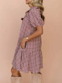Women Plaid Babydoll Mini Dress Gingham Short Sleeve V Neck Bow Swing Dress Loose Summer Dress For Casual Daily Dating Streetwear - 紅色 - 查看 2