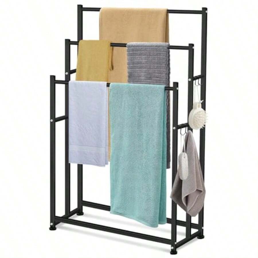 47.6 Inch Tall Free Standing Towel Racks 3 Tier Pool Towel Rack Outdoor Oversized Floor Bath Towel Drying Valet Holder Blanket Quilt Rack Stand For Bathroom Bedroom Beach Hot Tub Gym Pool Area Outside - 黑色 - 查看 1