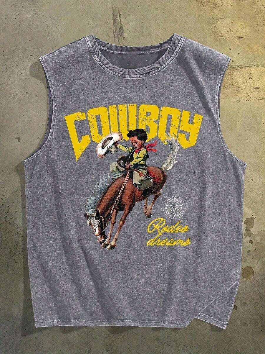 2026 Sleevelss Tops Men 2026 Sleevelss Tops Men Western Cowboy Print New Men's Premium Printed Heavy Pure Cotton Washed And Aged Waistcoat Sleeveless - 灰色 - 查看 1