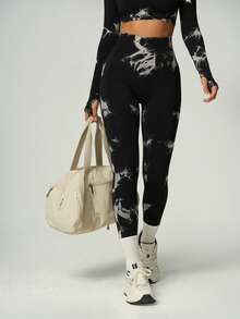 UONNOU Spring Tie Dye High Waist Yoga Leggings - Black and White - View 3