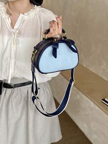 1pc Women's Colorblock Denim Satchel Bag, Fashionable Wide Strap Shoulder Bag Suitable For Commuting, Shopping, Gift - Multicolor - View 6