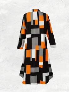 Women's Geometric Print Long Sleeve Single-Breasted Casual Slim Fit Shirt Dress Elegant - Multicolor - View 3