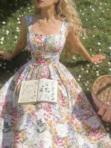 MOD Vestido elegante de mujer con estampado floral, cintura ceñida y tirantes gruesos - Multicolor - Ver 9