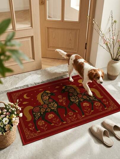 1 pieza Alfombra/Alfombra/Alfombra de baño/Felpudo, Nórdico Moderno Creativo - Nuevo Estilo Chino Doble Caballo Floral Tótem Rojo, Adecuado para baño, cocina, entrada, pasillo, mesita de noche, sala de estar, dormitorio, todo el año, Piel sintética suave, Decoración del hogar