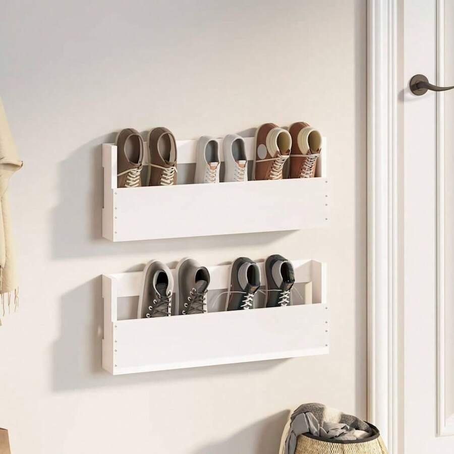 Scarpiere a Parete 2 pz  59x9x23cm Legno Massello di Pino - Bianco - Visualizzare 1