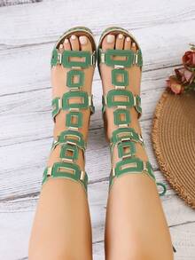 Women's Fashion Buckle Lace-Up Beach High-Top Sandals - Green - View 5