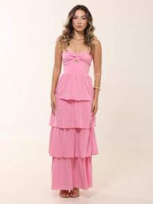 LONG DRESS WITH LAYERED RUFFLES, STRAP-FALL TWISTED AT THE BUST - 淺粉色 - 查看 1