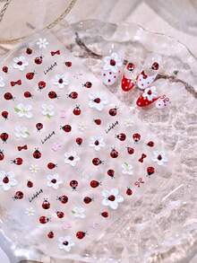 1pc 5D Stereoscopic Ladybug & Flower Nail Stickers - Self-Adhesive, Cute Red Ladybug, White Daisy & Bow Pattern, Embossed Sliders For DIY Nails, Summer Garden Nail Art Decals, Easy To Apply Nail Decorations For Women & Girls, Nail Art Supplies - Multicolor - View 4