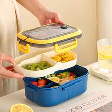 1pc Lunch Box, Portable Divided Bento Box For Students And Office Workers, Microwave , Plastic Double-Layer 3-Compartment Insulated Lunch Container, No Electricity Required, Back To School Essential - Multicolor - View 4