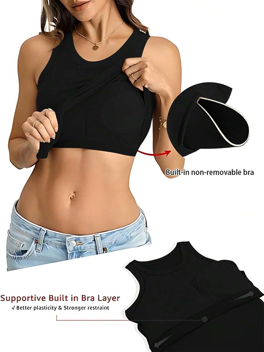 Sports Bra Vest With Non-Removable Padding - Seamless, Wire-Free Design Suitable For All Seasons, Yoga, Running, And Gym Wear. Vest With Built-In Bra, Fall Women's Wear. - 黑色 - 查看 1