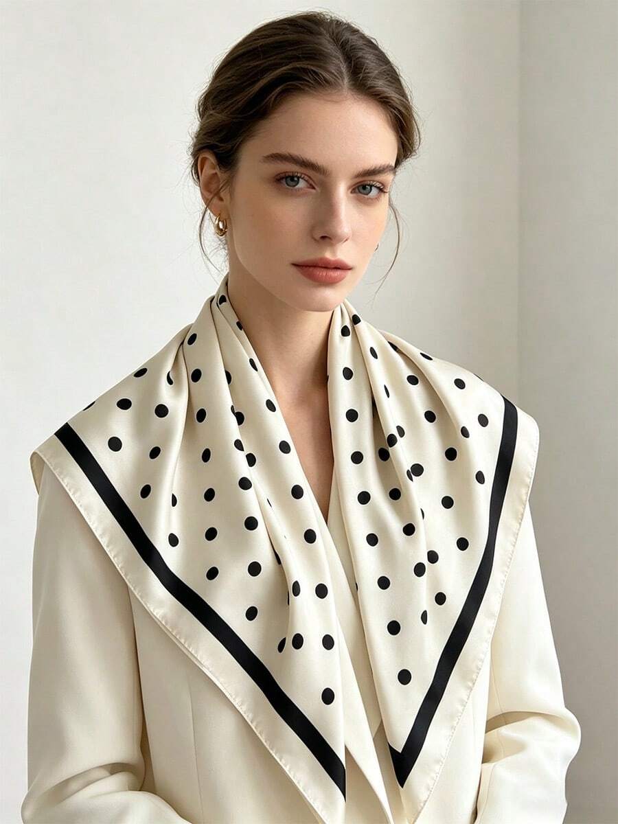 波点真丝优雅办公休闲配饰，高档缎面卷边，米色和黑色 - 白色 - 查看 1