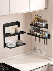 1 pieza Estante de almacenamiento de cocina montado en la pared con ganchos - Fácil de ensamblar, diseño plegable, para almacenar utensilios, especias, cuchillos, espátulas y cucharones, estante de almacenamiento ahorra espacio para la cocina y el comedor - Organizador de cocina y estante de almacenamiento de estructura de metal resistente - Estante de almacenamiento - Ver 10