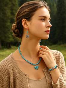 1 Set de joyería bohemia vintage con efecto desgastado y turquesa falsa, que incluye collar con colgante de mariposa, pulsera y aretes con cuentas, versátil para vacaciones, uso diario, fiestas, festivales de música, playa de verano, regalo para amigos, familia, parejas y mujeres - Turquesa - Ver 3