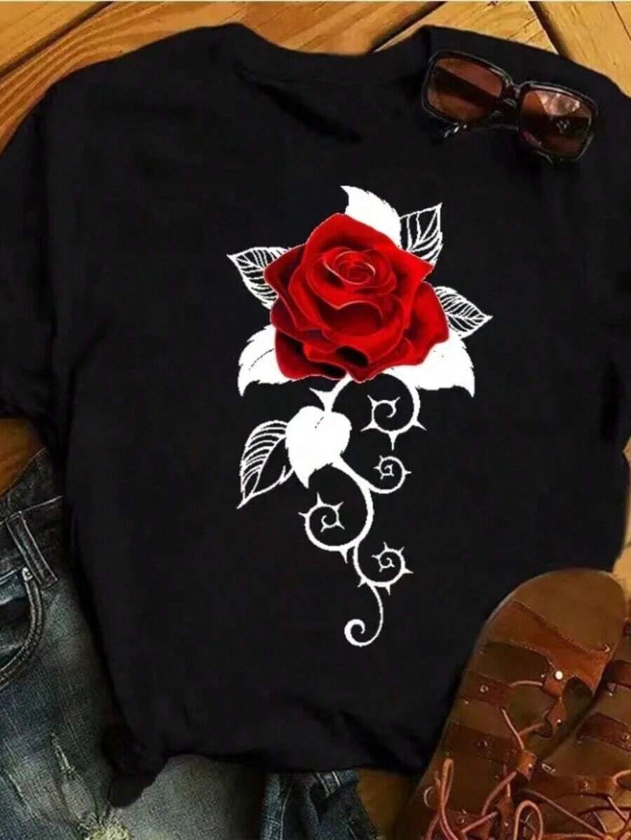 Round Neck T-Shirt With Rose Print 100% Cotton - Black - View 1