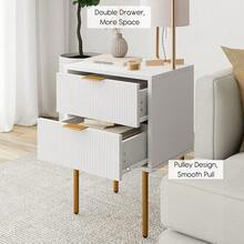 2 Drawers – Modern White Bedside Table, Vertical Grain Storage Cabinet – Gold Metal Legs - 白色 - 查看 2