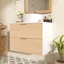 60cm Wall-Hung Bathroom Vanity Unit With Round Ceramic Sink, Drawer Fronts With Wood Look And Simple Stripe Design, High Quality MDF Board, Large Storage Capacity: 2 Drawers + Countertop. - 自然色 - 查看 5