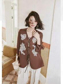 Women's Woven Embroidered Drawstring Long Sleeve Shirt, Regular Fit Top Vacation Spring - Coffee Brown - View 3