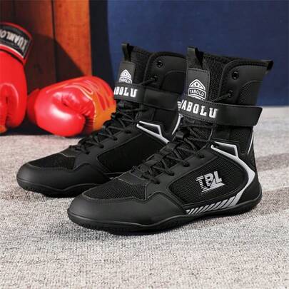 Giày đấu vật nam, giày đấm bốc cổ cao, giày tập luyện, ủng, giày đấm bốc Muay Thai, giày kickboxing thể dục, giày thể thao chuyên nghiệp chất lượng cao dành cho nam, thoải mái, chống trơn trượt, bền, thoáng khí, hỗ trợ mắt cá chân với đế có vân.